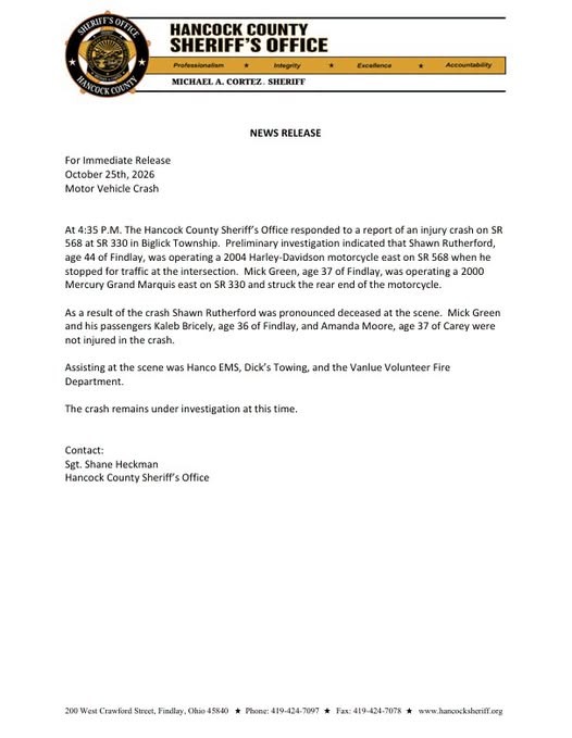 Hancock County Sheriff's Office press release on the Oct. 25, 2026 fatal motorcycle crash in Biglick Township